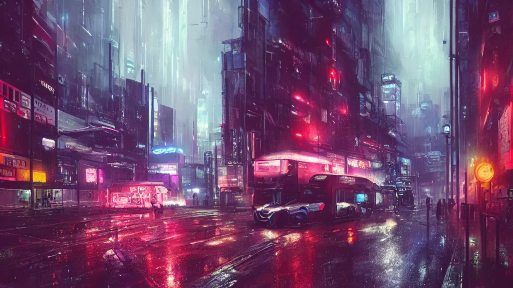 Image similar to cyberpunk london city. street view. night. raining. driving rain. digital render. digital painting. takaaki ito. cyril roland. ross tran. trending on artstation