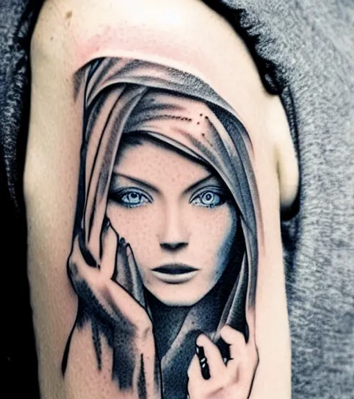 Image similar to tattoo design sketch of a beautiful blue - eyed woman face with a faded background of beautiful mountains and nature on her side, hyper - realistic, in the style of den yakovlev, amazing detail, black and white