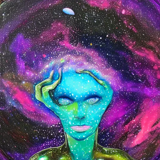 Prompt: hypersurreal dreamlike fey reclining on cosmic roots, infinity, nebula, smeared acrylic paint and glitter on shiny black tile, space telescope