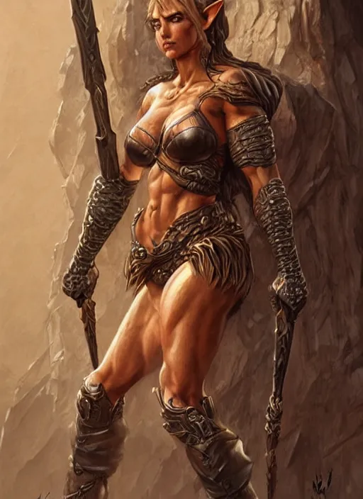 Image similar to very muscled Amazon elf as a ruggedly mean looking heroine, intricate, elegant, highly detailed, centered, digital painting, artstation, concept art, smooth, sharp focus, illustration, art by artgerm and donato giancola and Joseph Christian Leyendecker, WLOP