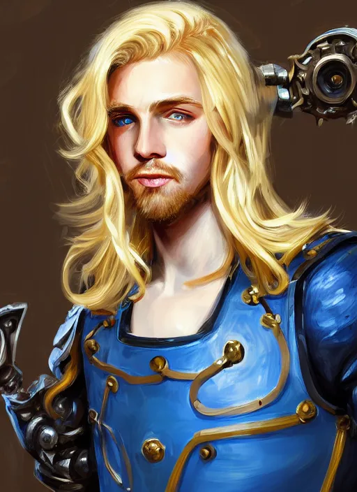 Image similar to a highly detailed illustration of long wavy bright blonde haired effeminate boy wearing blue blacksmith apron and iron cybermechanical arms, blue eyes, dramatic smiling pose, intricate, elegant, highly detailed, centered, digital painting, artstation, concept art, smooth, sharp focus, league of legends concept art, wlop