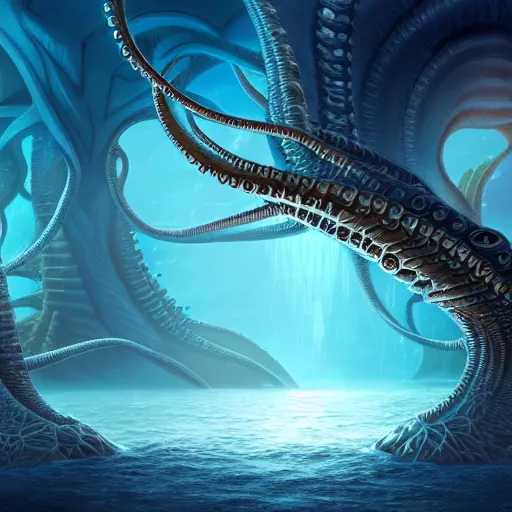 Image similar to beautiful digital fantasy illustration of an underwater city surrounded by tentacles, the forge of worlds, concept art by xul solar, two hands reaching for a fish, fractalism, high detail texture, unreal engine, 8 k, photographic quality, ultra hyper realistic quality, 8 k definiton, hyper - realistic, cinematic, cinematic lighting