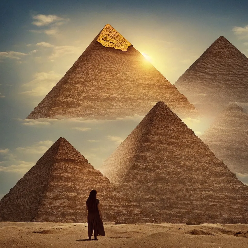 Image similar to “ a woman sees a paradox in front of her unfolding, a golden light shines above, a golden pyramid appears on the horizon, highly detailed in 4 k ”