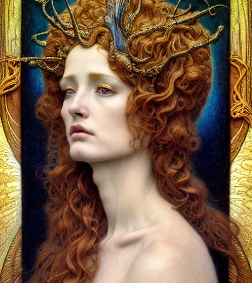 Image similar to detailed realistic beautiful young jessica lang as queen of jupiter face portrait by jean delville, gustave dore and marco mazzoni, art nouveau, symbolist, visionary, gothic, pre - raphaelite. horizontal symmetry by zdzisław beksinski, iris van herpen, raymond swanland and alphonse mucha. highly detailed, hyper - real, beautiful