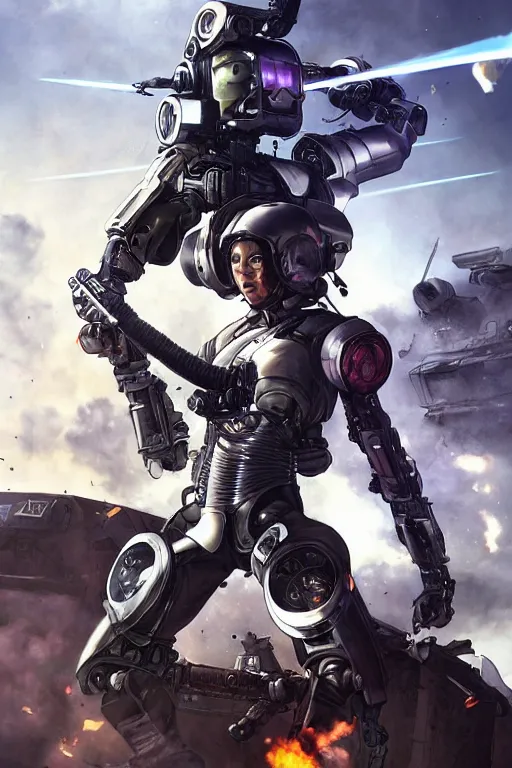 Prompt: an epic view of a futuristic cyborg woman lifting a military tank above her head, on a battlefield, smoke, fires, distant explosions, in the style of masamune shirow, cinematic, hyper - realistic, highly detailed digital art