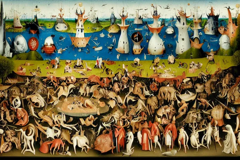 Prompt: hieronymus bosch garden of earthly delights, diorama, panorama