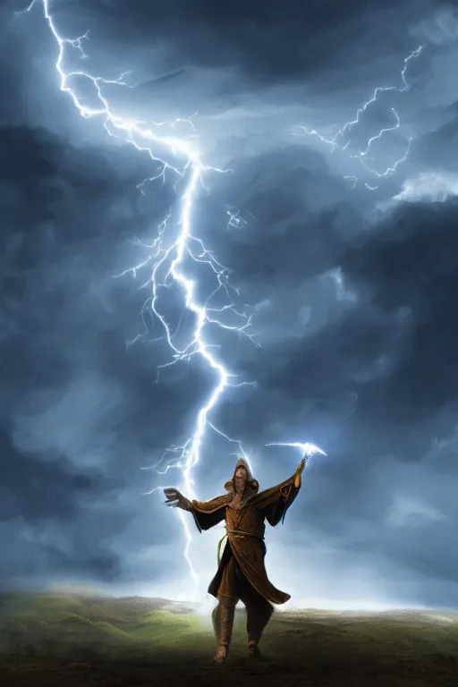 Image similar to wizard holding a sword that’s getting shocked by lightning towards the sky