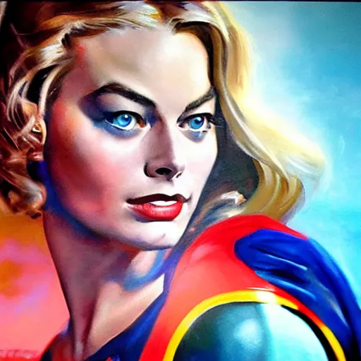 Prompt: ultra realistic portrait painting of margot robbie as supergirl, art by frank frazetta, 4 k, ultra realistic, highly detailed, epic lighting.