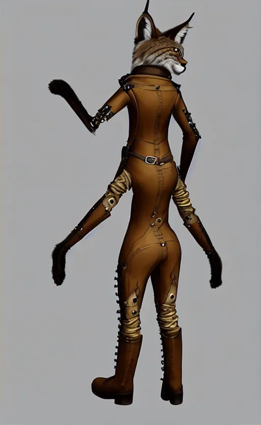 Image similar to the full body of anthropomorphic lynx fursona from behind wearing a steampunk suit