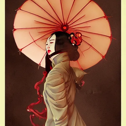 Prompt: steampunk Chinese lady with umbrella, detailed, digital painting, concept art, smooth, sharp focus, illustration, by Anato Finnstark, Tom Bagshaw, Brom