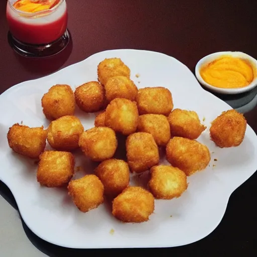 Image similar to food photo of channing tatum's face as giant tater tot on a plate with ketchup