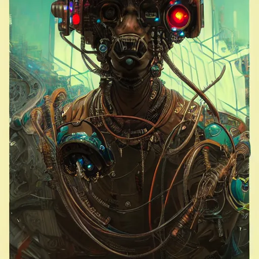 Prompt: futuristic artdeco male cyberpunk psychedelic, fusion style grungy rustic steampunk, character portrait, ultra - realistic, wide angle, intricate details, wires, machines, skulls,, highly detailed by peter mohrbacher, hajime sorayama, wayne barlowe, boris vallejo, aaron horkey, gaston bussiere, craig mullins