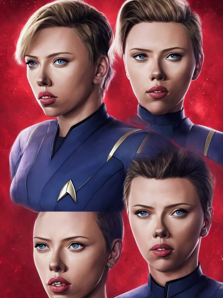 Image similar to Scarlet Johansson in a Star Trek suit, highly detailed headshot portrait.