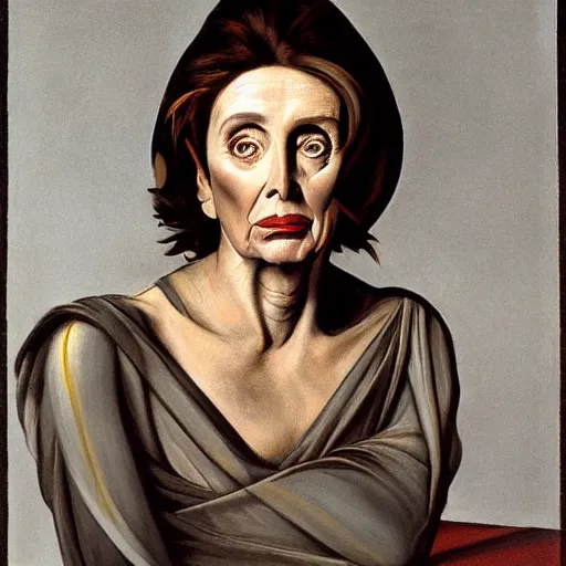 Image similar to Nancy pelosi painted as Medusa by Caravaggio