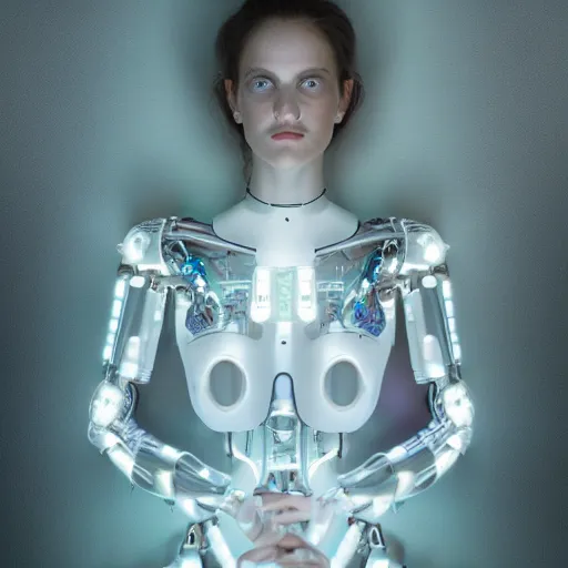 Prompt: beautiful Fine art photo portrait of enraptured young Angelica Bella as a solarpunk robotic goddess, white mechanical parts with led lights, photorealistic, white background, highly detailed and intricate, sunset lighting, 8k