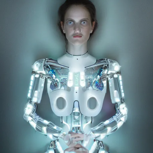 Image similar to beautiful Fine art photo portrait of enraptured young Angelica Bella as a solarpunk robotic goddess, white mechanical parts with led lights, photorealistic, white background, highly detailed and intricate, sunset lighting, 8k