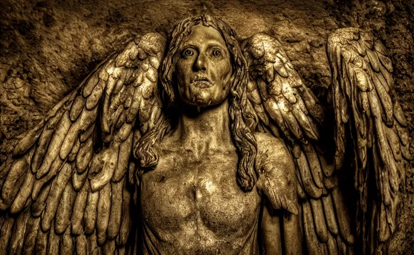 Image similar to decrepit creepy statue of the archangel gabriel staring at the camera, in the middle of a cavernous dark old catacomb, realistic, pitch black, depth of field, wide shot, sinister, bad lighting, foreboding, blurry, grainy photo