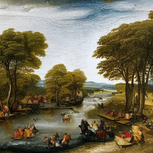 Image similar to An intricate, extremely detailed painting in a style of Breughel featuring a river in Europe, surrounded by trees and fields. A dinghy is slowly moving through the water. Sun is shining.