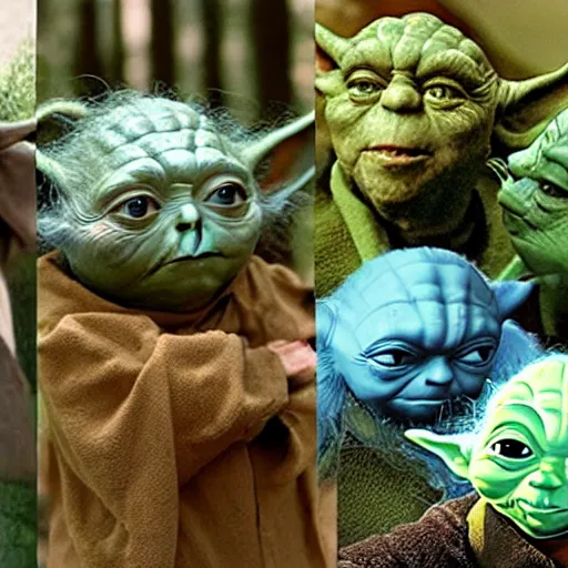 Image similar to Yoda surrounded by other members of his species