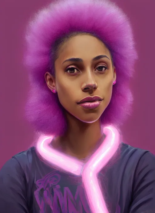 Prompt: portrait of vanessa morgan, black teenage girl, pink hair, wavy pixie haircut, purple newsboy cap, fluffy pink hair coming out from under cap, hoop earrings, subtle confident smile, intricate, elegant, glowing lights, highly detailed, digital painting, artstation, concept art, sharp focus, illustration, art by wlop, mars ravelo and greg rutkowski