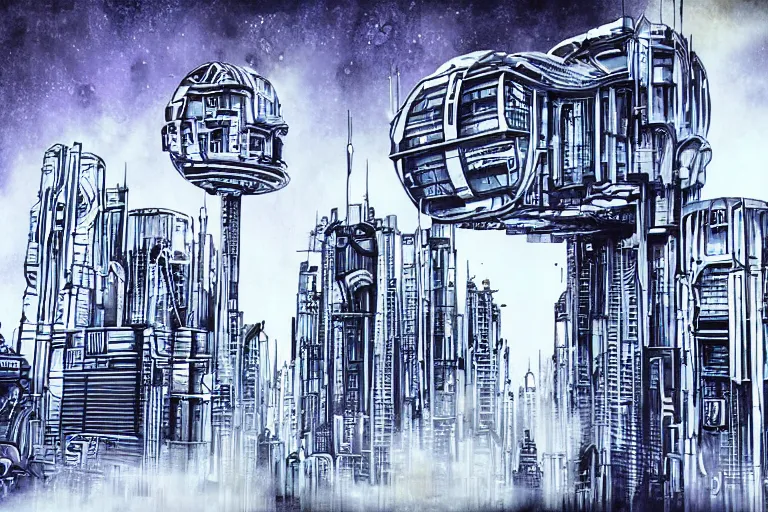 Image similar to futuristic, cyberpunk, martian architecture, minimalistic ink airbrush painting on white background, outline