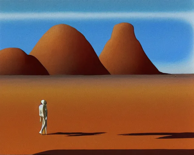 Image similar to roger dean 1 9 8 0 s art of a lone wanderer walking in the dry desert of a strange bizarre alien planet surface lakes reflective clear blue water, rainbow in sky, imagery, illustration art, album art