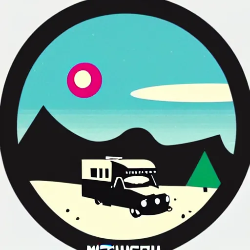 Image similar to sticker of a white and black cute thor chateau! motorhome camper!!, mountains, colorful sunset!!, sticker!! by tom whalen