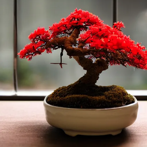 Prompt: a small kokedama on a plate in a kitchen next to a window, a small red momiji bonsai is growing from the top of the kokedama, beautiful lighting, cinematic, high detail,