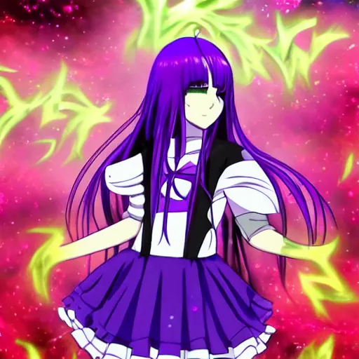 Prompt: ethereal AMV purple haired anime girl wearing a schoolgirl outfit floating in a psychedelic apocalypse in the style of Demon-Slayer