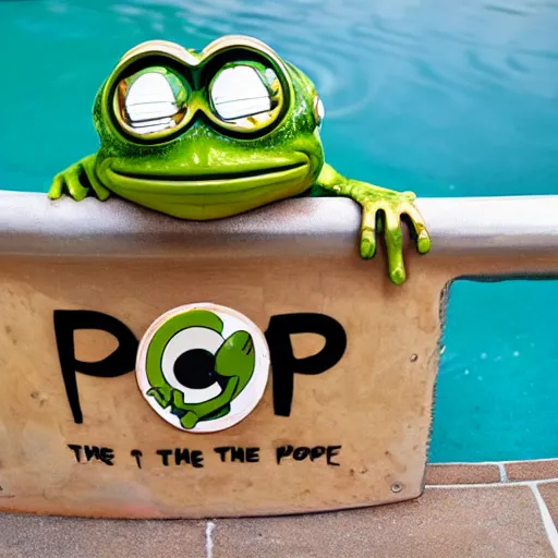 Prompt: pepe the frog is chilling in a pool