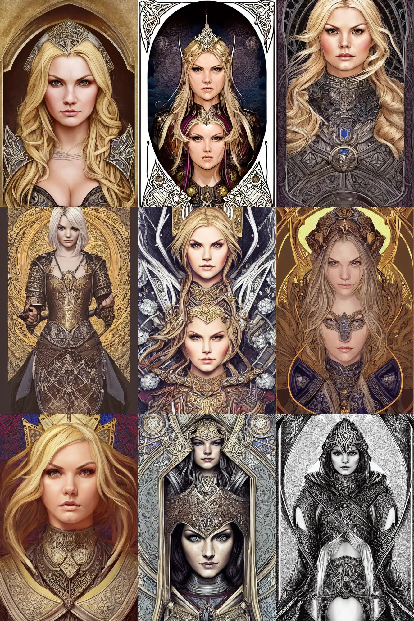 Image similar to head-on symmetrical centered painted portrait, Elisha Cuthbert as a paladin, blonde hair, ornate heavy plate armour, art nouveau, tarot card style, medieval robes, fantasy, intricate, elegant, highly detailed, smooth, sharp focus, illustration, artstation, in the style of Artgerm and Anna Podedworna and Alex Ross and Mucha