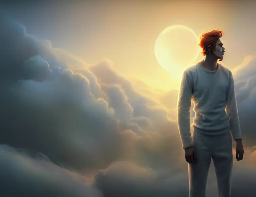 Prompt: a male wearing clouds as the clothes, morning sunrise, digital art, concept, radiant light, soft highlights, smooth render, unreal engine render, rutkowski ilya krenz nixeu wlop.