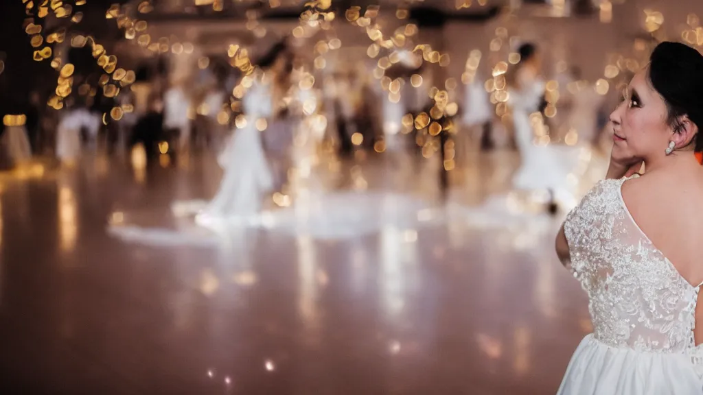 Prompt: a bride in a wedding dress looking at a dancing stage with bokeh light effect in the background