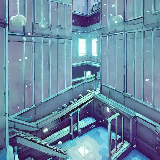 Prompt: an acidic beautiful slimegirl woman in a bright white hallway with many doors and many stairs, Mc Escher architecture, epic composition, by Makoto Shinkai