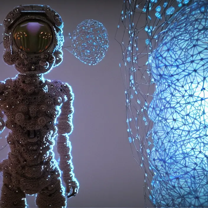 Image similar to a cybernetic symbiosis of a single astronaut mech-organic eva suit made of pearlescent wearing knitted shiny ceramic multi colored yarn thread infected with diamond 3d fractal lace iridescent bubble 3d skin dotted covered with orb stalks of insectoid compound eye camera lenses floats through the living room, film still from the movie directed by Denis Villeneuve with art direction by Salvador Dalí, wide lens,kevlar,carbon fiber,ceramics,gaseous materials,