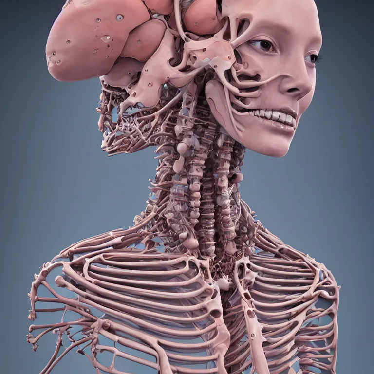 Image similar to portrait of beautiful!! horizontally symmetrical!! ceramic woman's head with coral!! reef hair. torso, skeleton!, biomechanical android. soft light painted by james jean and moebius!!!, inspired by mary jane ansell, smooth face feature, horizontal symmetry, intricate oil painting, high detail 3 d render, high detail