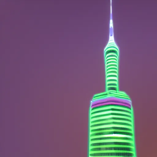 Image similar to auckland sky tower, green lighting, evil, artstation, octane render