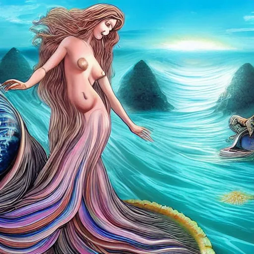 Prompt: The computer art depicts the moment when the goddess Venus is born from the sea. She is shown standing on a giant clam shell, with her long, flowing hair blowing in the wind. The computer art is full of light and color, and Venus looks like she is about to step into a beautiful, bright future. Aaahh!!! Real Monsters, Harry Potter by Raina Telgemeier doom