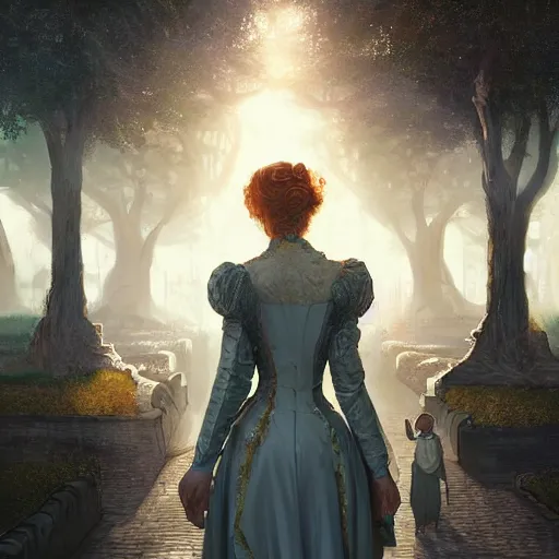 Prompt: portrait of a victorian lady in a futuristic city, from behind, streets, birds in the sky, sunlight and rays of light shining through trees, tall buildings on the sides, beautiful, solarpunk!!!, highly detailed, digital painting, high octane render