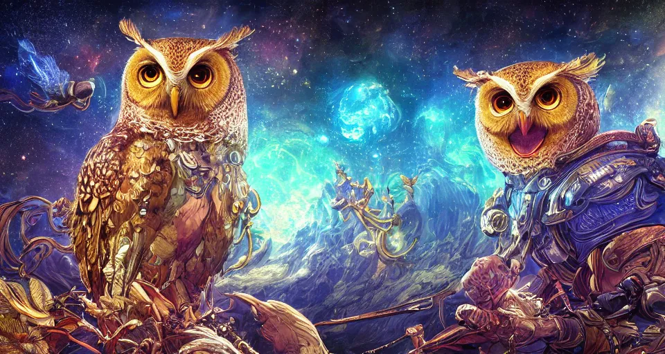 Image similar to the portrait of a smiling golden owl in the depths of the universe, an ultrafine hyperdetailed illustration by kim jung gi, irakli nadar, intricate linework, bright colors, octopath traveler, final fantasy, unreal engine 5 highly rendered, global illumination, radiant light, detailed and intricate environment, - h 1 0 2 4