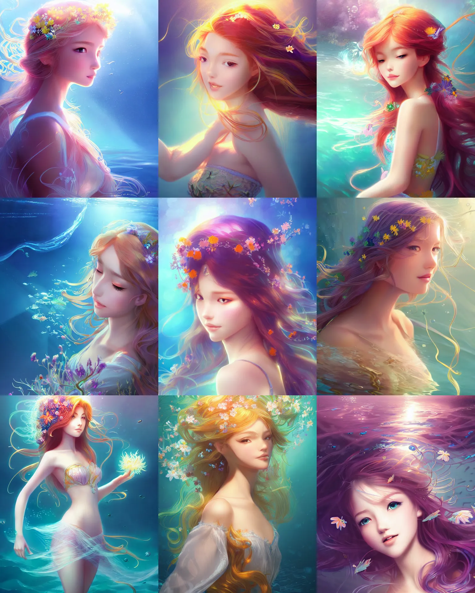 Prompt: auburn princess with tangled flowery hair, leiji matsumoto, artgerm, wlop, radiant halo of light, underwater scenery, artstation