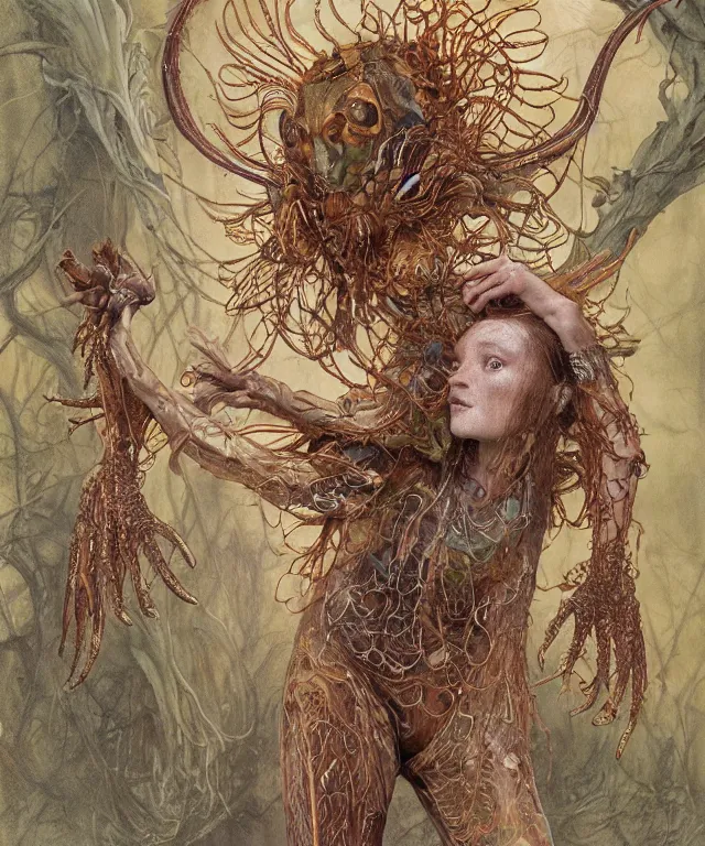 Prompt: a portrait photograph of a fierce sadie sink as an alien harpy queen with slimy amphibian skin. she is trying on evil bulbous slimy organic membrane parasitic fetish fashion and transforming into an evil insectoid amphibian. by donato giancola, walton ford, ernst haeckel, brian froud, hr giger. 8 k, cgsociety