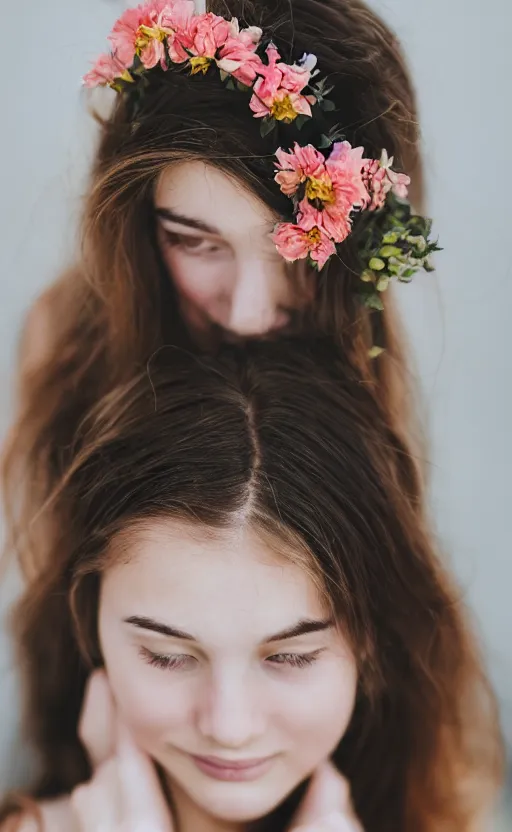 Image similar to portrait of a beautiful young girl with flowers in her hair, beautiful composition, modern color palette, 50mm f1.8, ambient light,