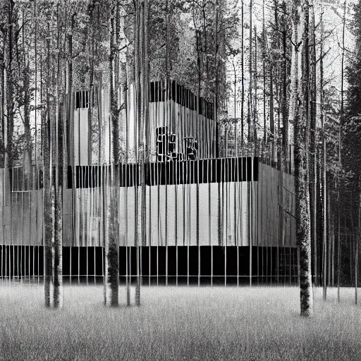 Image similar to a giant brutalist building in the forest in russia, building facing, reflections, symmetry, highly detailed, golden ratio, black and white color scheme, etching render