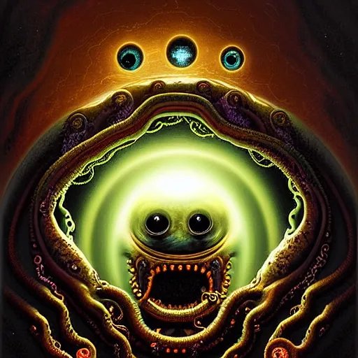 Prompt: a detailed digital art of an alien creature with multiple eyes and tentacles emerges from a glowing orb in the center of a dark, foreign landscape,by Albert Bierstadt, Yohann Schepacz and Laurel Burch,style of grim dark, Kai Fine Art, chiaroscuro, dark academia, copper patina,detailed, ornate, maximalist, 8k, cinematic, compositing, post processing, award winning art,artstationHQ,artstationHD,--number 6