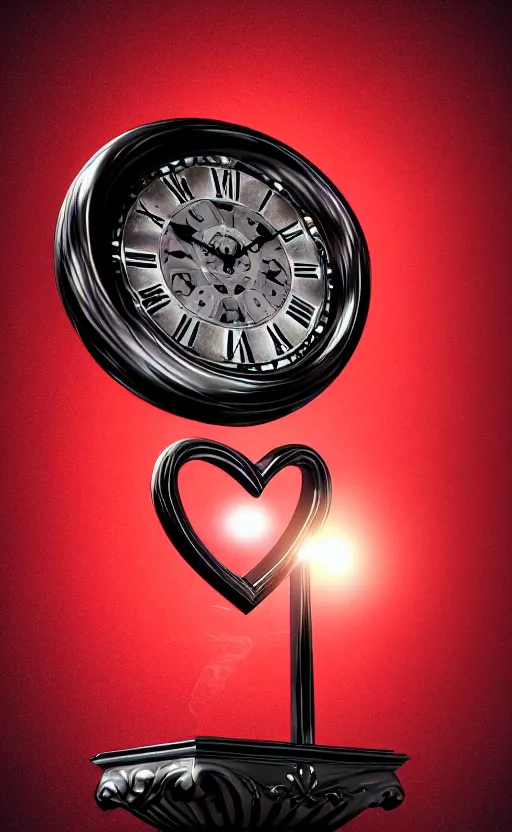 Image similar to a melting Roman numeral clock, behind a red and black gradient background, awith a black heart shaped on the top left corner and a black diamond card shape in the bottom right corner, dynamic lighting, photorealistic fantasy concept art, trending on art station, stunning visuals, cinematic, creative, ultra detailed