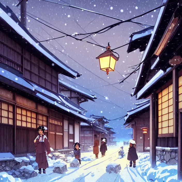 Image similar to empty rural japanese town at night, winter, in the style of studio ghibli, j. c. leyendecker, greg rutkowski, artem