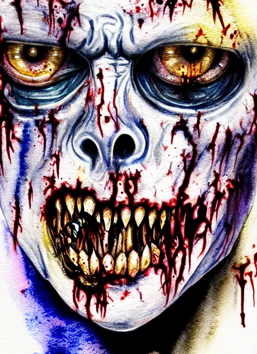 Image similar to zombie hollywood professional acting headshot, hyperrealism, intricate detailed, studio lighting, charming expression gesicht, watercolor art, drawn and painted, colored layers, dulled contrast