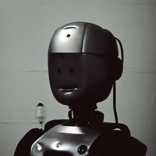 Image similar to close up portrait of a humanoid robot with a light bulb head and light is coming out of it, polaroid, photo taken in a back storage room