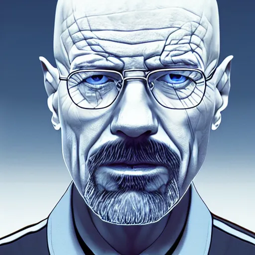 Prompt: Portrait of Walter White, The Alchemist of the Blue Flame, realism, artstation, trending on cgsociety